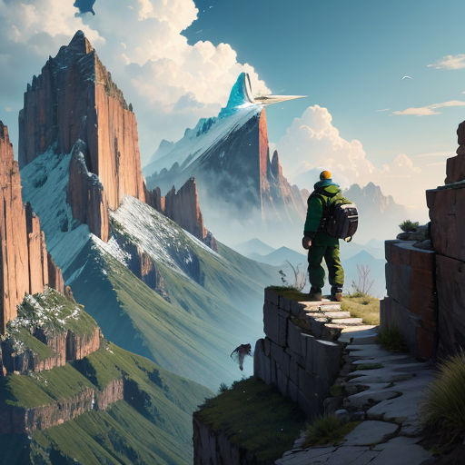 a man standing on a cliff overlooking a mountain range with a plane flying over it and a person standing on the edge of the cliff