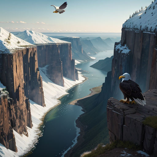 a bald eagle sitting on a cliff overlooking a river and mountains in winter time with snow on the ground