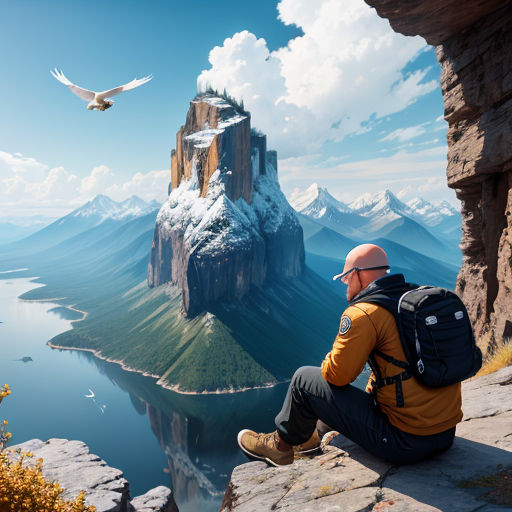 a man sitting on a cliff overlooking a mountain lake and a bird flying overhead in the sky above him