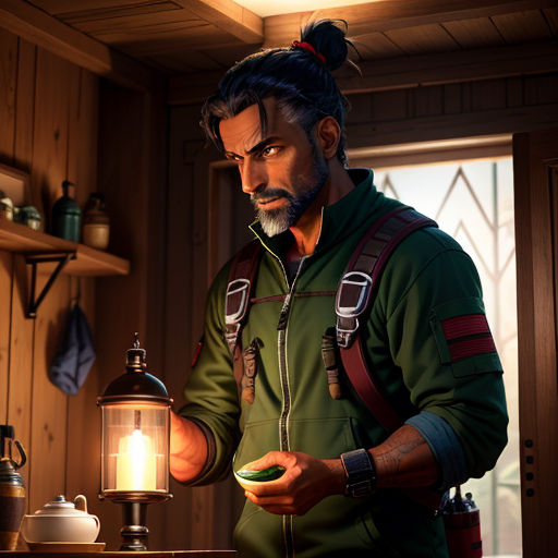 a man holding a plate of food in a room with a lantern and a window in it, with a light on