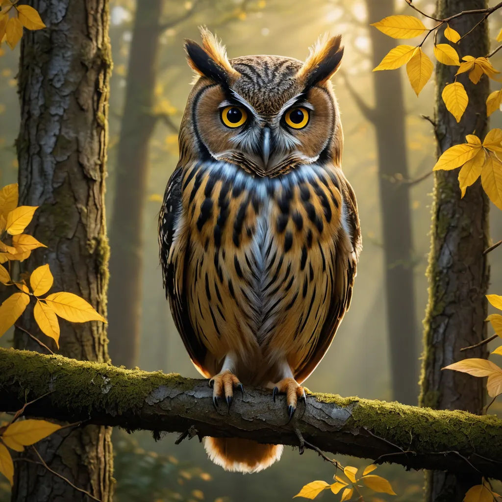 a owl sitting on a branch in a forest with yellow leaves on the ground and a sunbeam in the background, naturalism, a photorealistic painting, Artur Tarnowski, animal photography