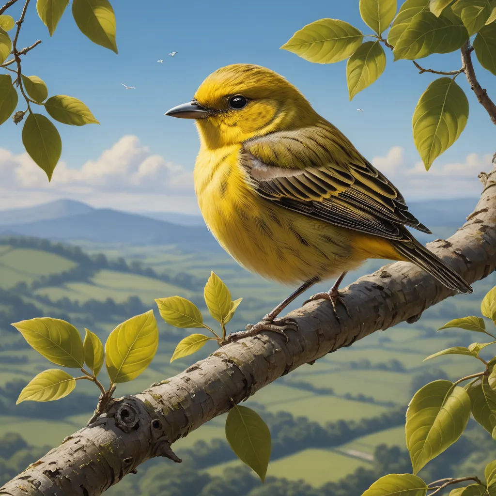 a yellow bird perched on a branch of a tree with a view of mountains in the background and clouds in the sky, american scene painting, an ultrafine detailed painting, Chris LaBrooy, highly detailed digital painting
