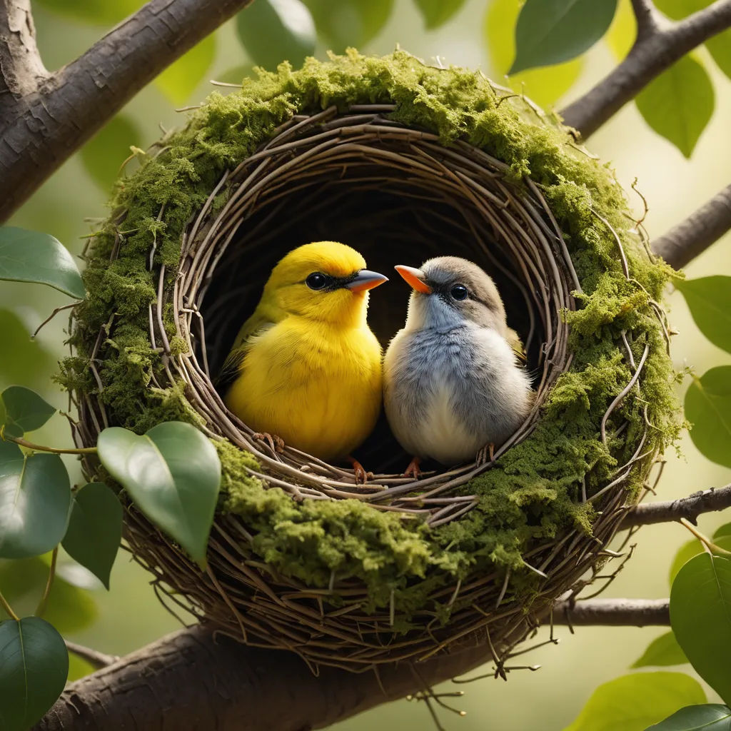 two birds are sitting in a nest on a tree branch together, one is yellow and the other is blue, ecological art, a storybook illustration, Bernd Fasching, birds