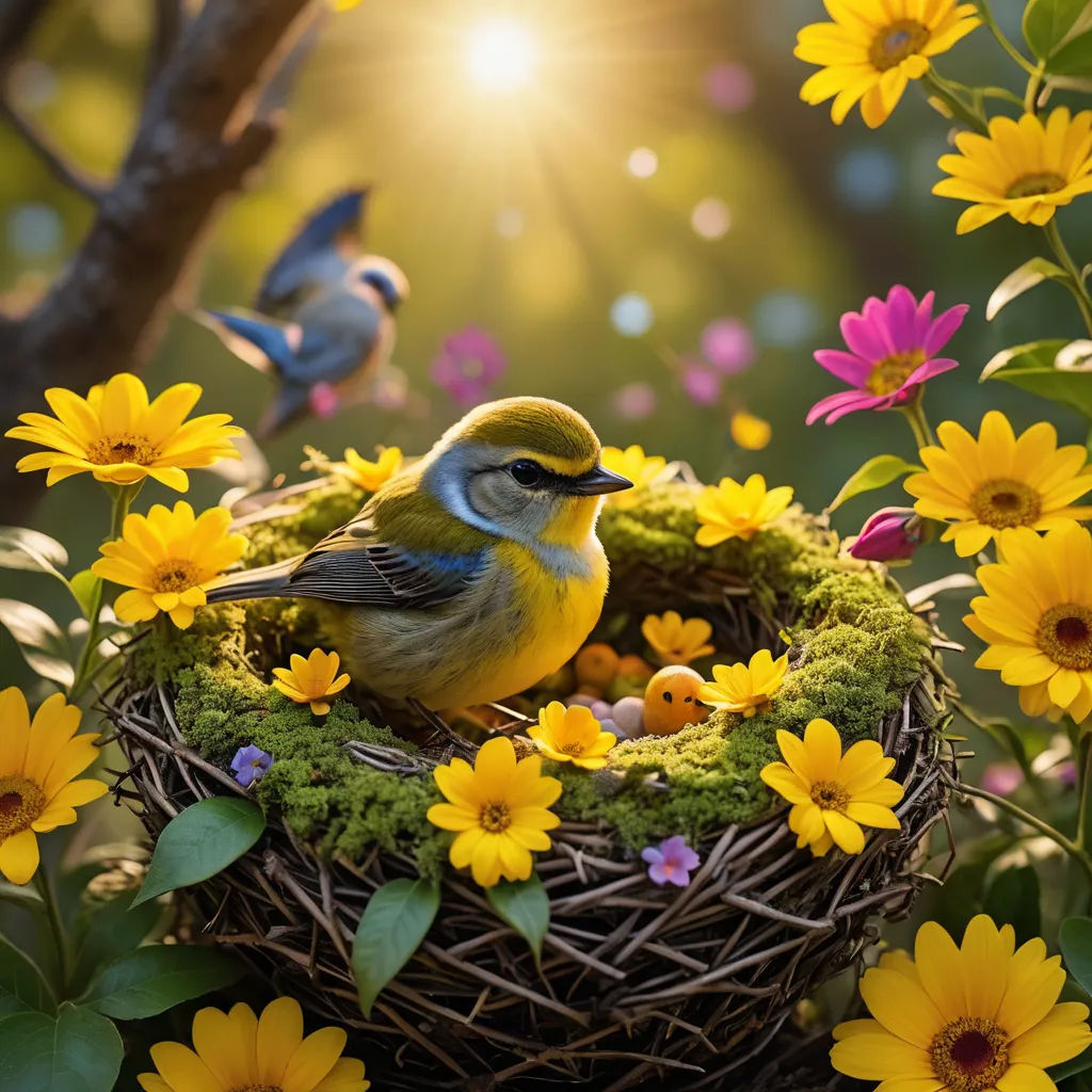 a bird sitting on top of a nest in a field of flowers and daisies with the sun shining behind it, art photography, a storybook illustration, Cindy Wright, birds