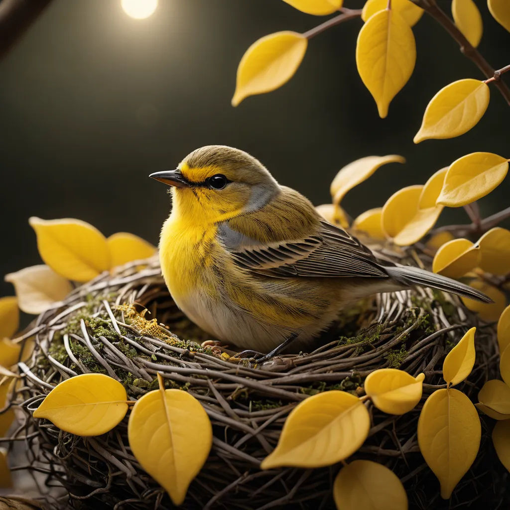 a bird sitting on top of a nest with yellow leaves around it and a full moon in the background, photorealism, a photorealistic painting, Chris LaBrooy, highly detailed digital painting