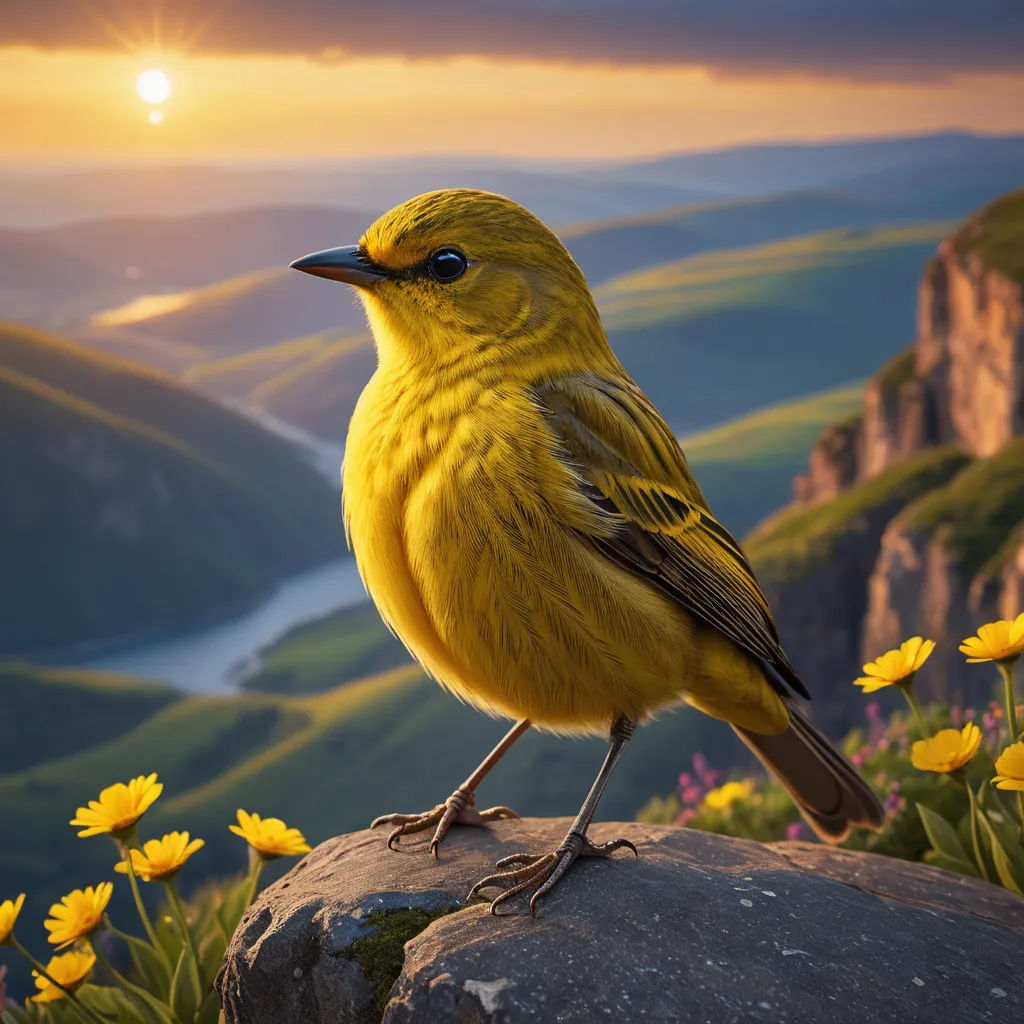 a yellow bird sitting on a rock in a field of flowers with a sunset in the background and a valley with yellow flowers, photorealism, a photorealistic painting, Chris LaBrooy, award - winning photo