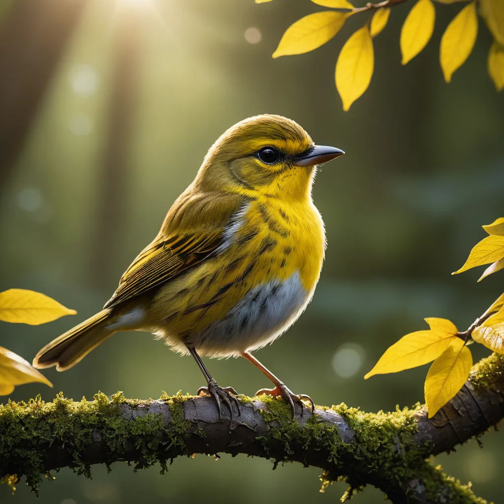 a yellow bird perched on a branch with yellow leaves around it and a sun shining through the background of the picture, computer art, a digital painting, Chris LaBrooy, birds
