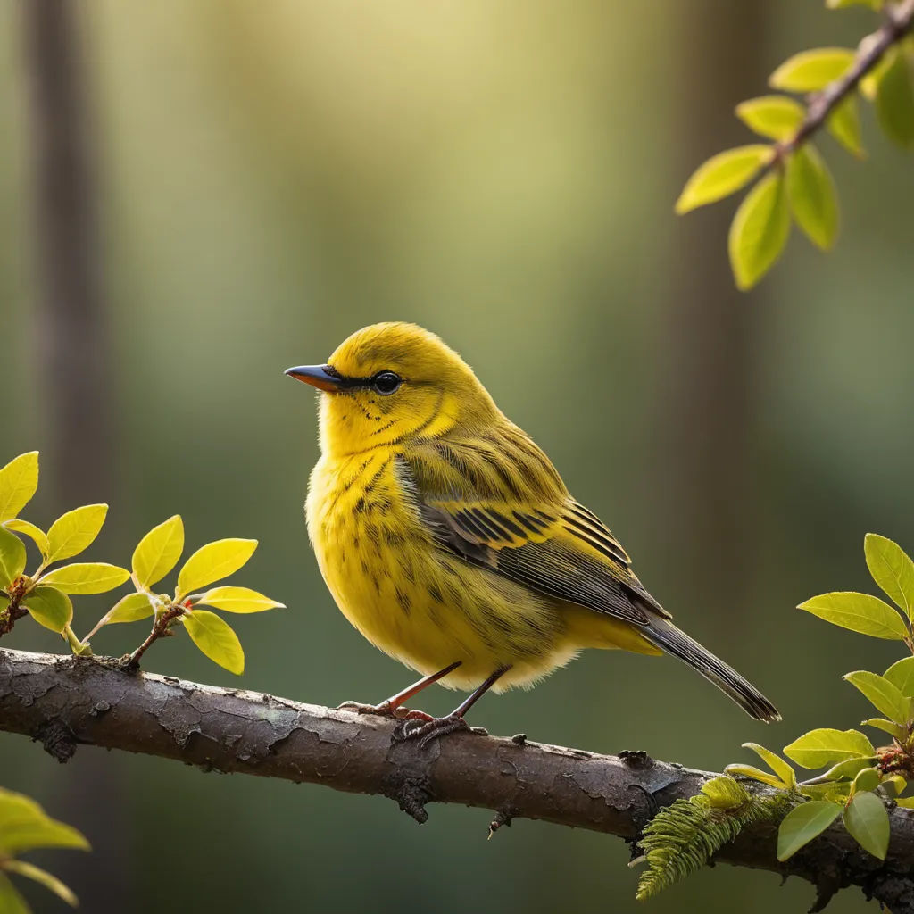 a yellow bird perched on a branch in a tree with green leaves and a blurry background of trees, art photography, a macro photograph, Bernd Fasching, animal photography