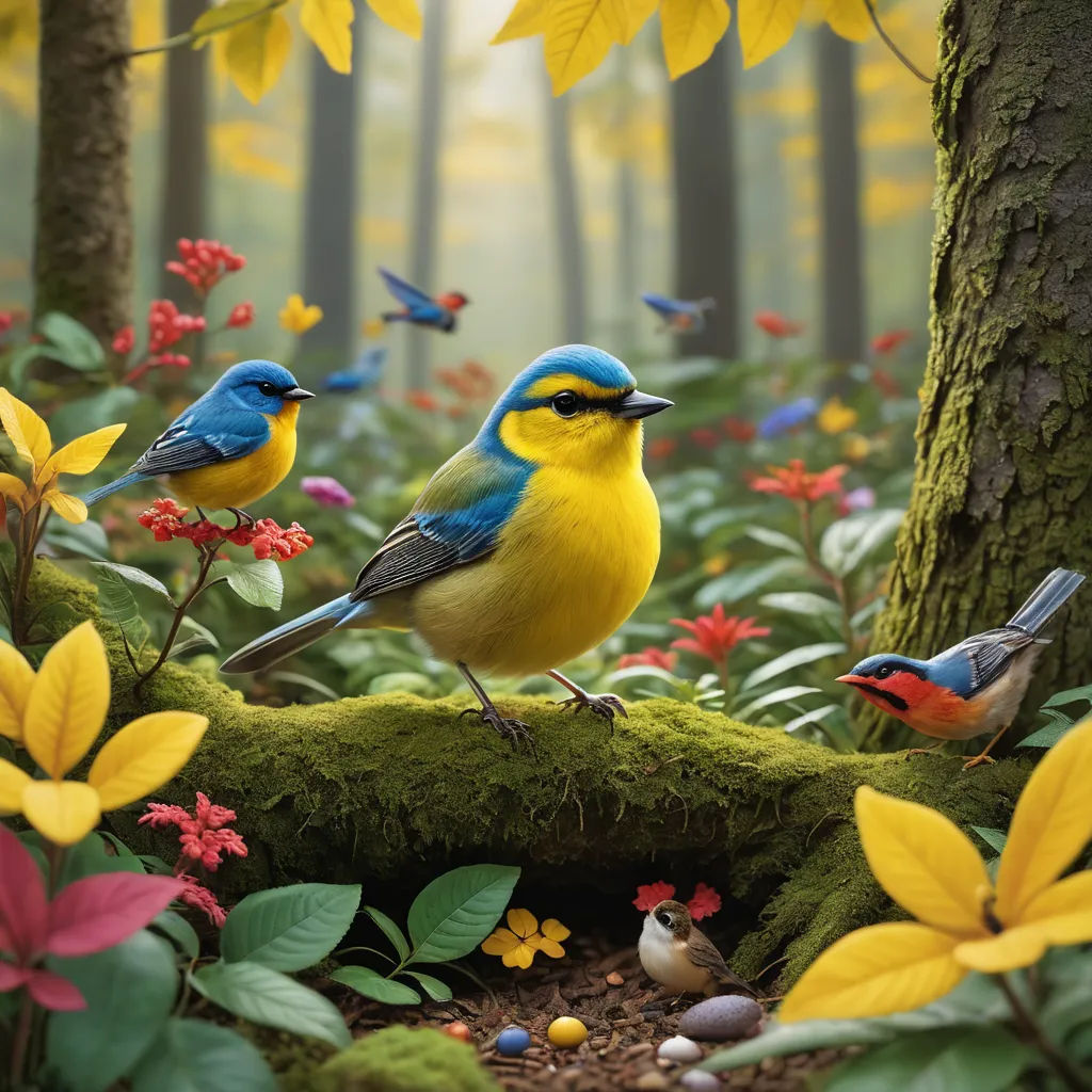 a painting of three birds sitting on a mossy log in a forest with flowers and butterflies around it, photorealism, a photorealistic painting, Chris LaBrooy, highly detailed digital painting