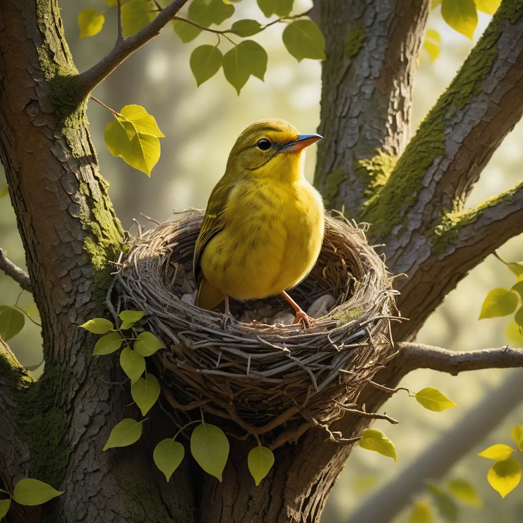 a yellow bird sitting on top of a nest in a tree branch with leaves around it and a green background, ecological art, a storybook illustration, Arie Smit, highly detailed digital painting