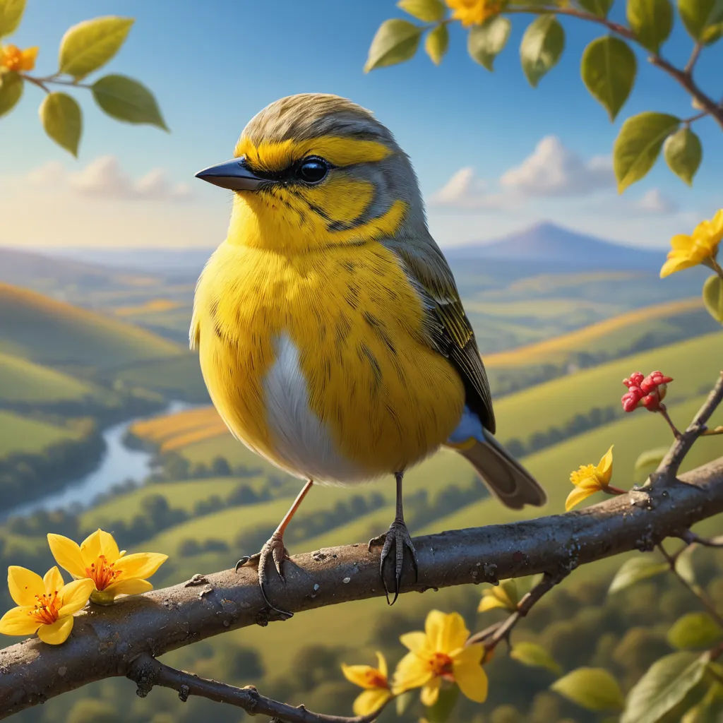 a bird sitting on a branch with yellow flowers in the foreground and a valley in the background with hills and trees, american scene painting, an airbrush painting, Chris LaBrooy, highly detailed digital painting