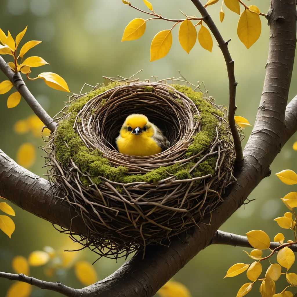 a bird is sitting in a nest on a tree branch with yellow leaves around it and a green background, ecological art, a photorealistic painting, Chris LaBrooy, award-winning photograph
