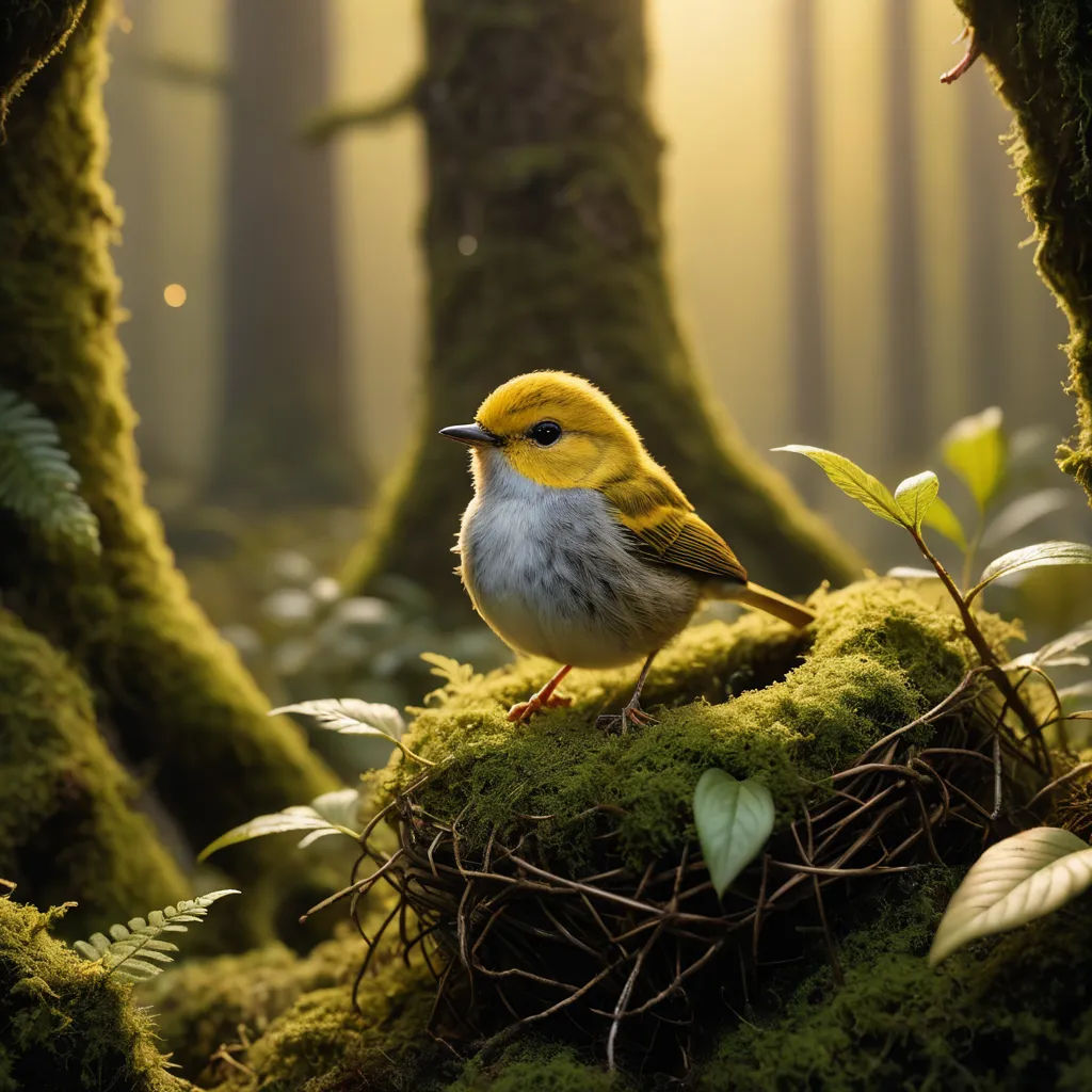 a bird sitting on top of a moss covered nest in a forest filled with trees and ferns, with sunlight shining through the trees, photorealism, a photorealistic painting, Chris LaBrooy, award-winning photograph