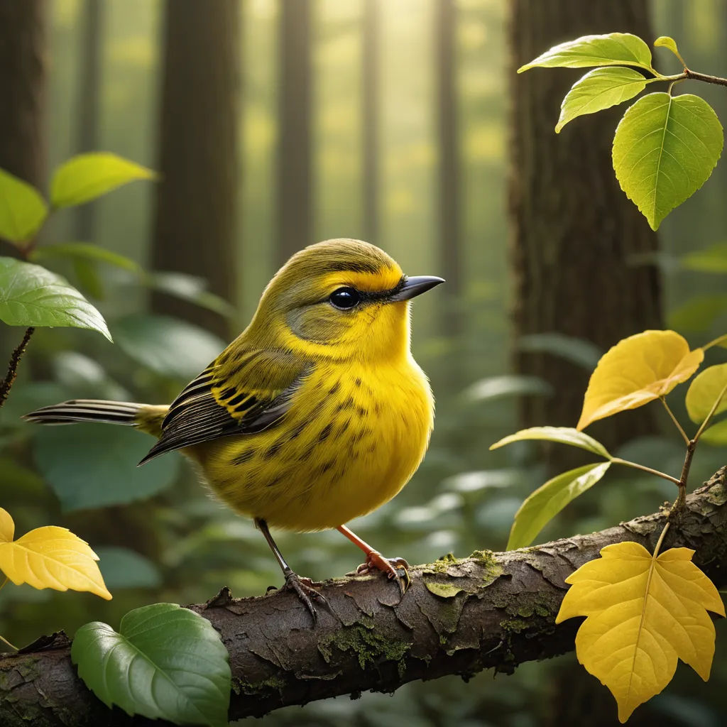 a yellow bird perched on a branch in a forest with green leaves and a sunbeam in the background, photorealism, a 3D render, Chris LaBrooy, ultra realistic digital art