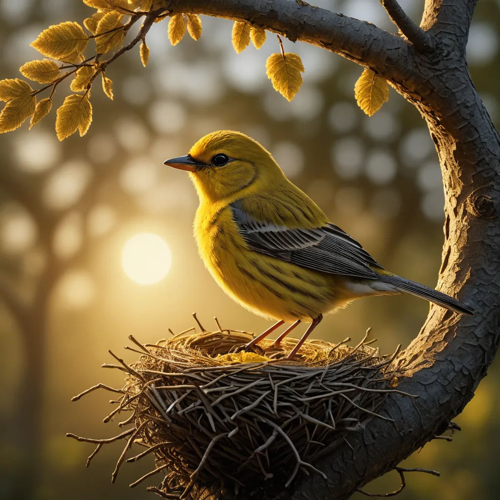 a bird sitting on top of a nest in a tree branch with sun shining through the branches behind it, photorealism, a photorealistic painting, Chris LaBrooy, unreal engine render