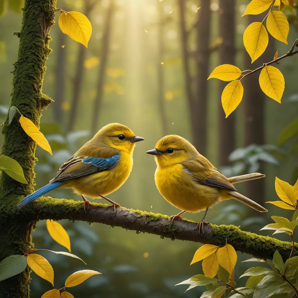 two birds sitting on a branch in a forest with yellow leaves and sunlight shining through the trees behind them, art photography, a photorealistic painting, Chris LaBrooy, birds