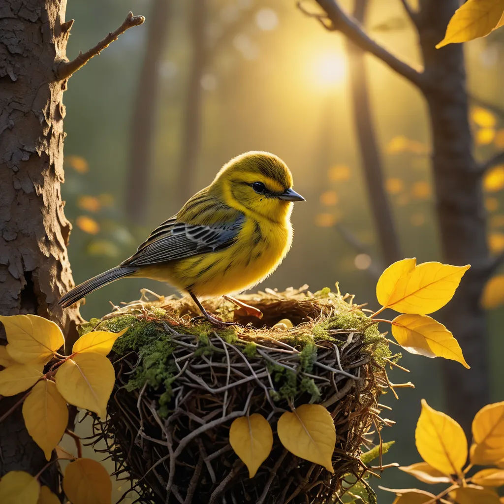 a bird is sitting on a nest in a tree with yellow leaves around it and the sun shining through the trees, magic realism, a photorealistic painting, Chris LaBrooy, highly detailed digital painting