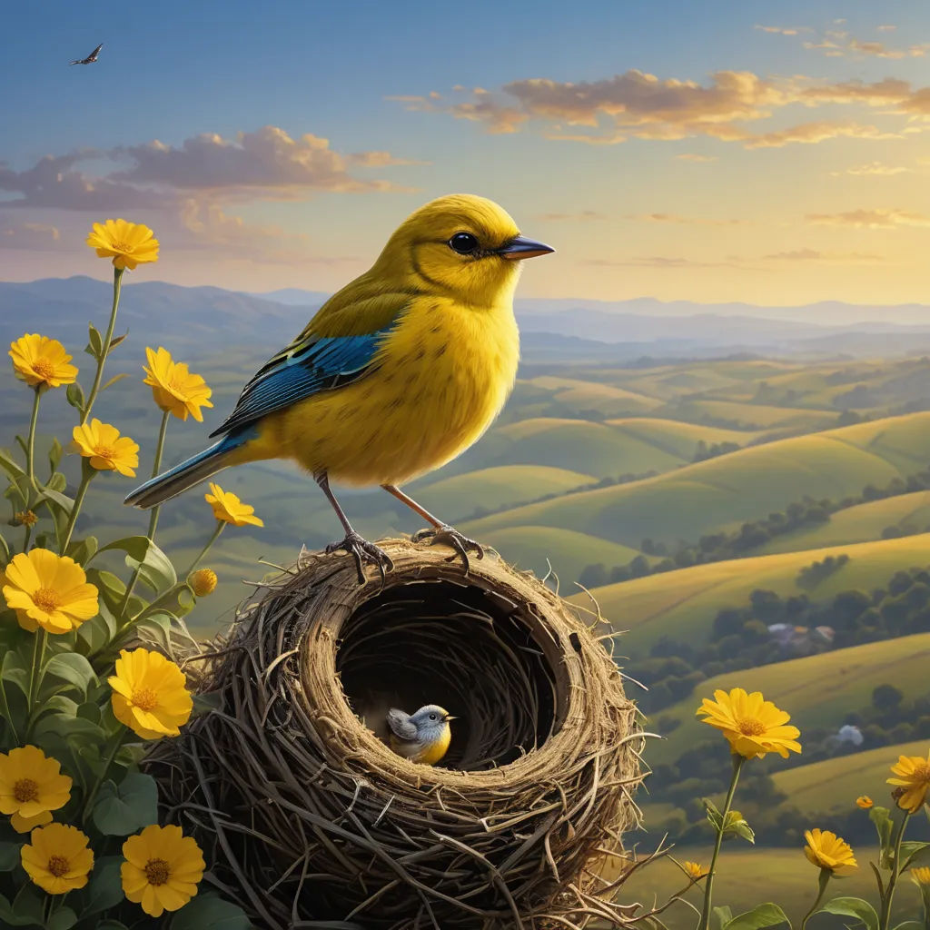 a bird sitting on top of a nest in a field of flowers with a bird flying above it and a bird sitting on top of the nest, magic realism, a detailed matte painting, Chris LaBrooy, highly detailed digital painting