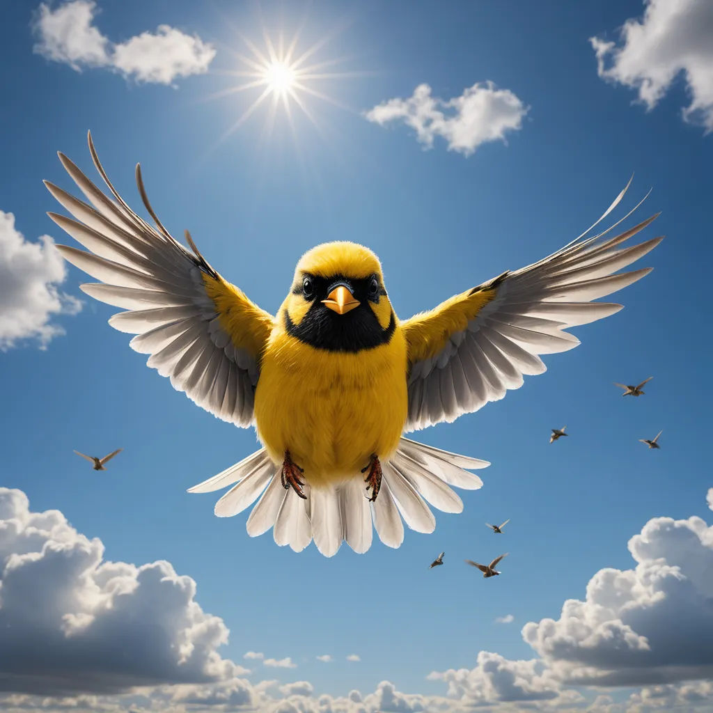 a yellow bird with its wings spread out in the air with a bright sun in the background and birds flying around, rayonism, a stock photo, Bernd Fasching, birds