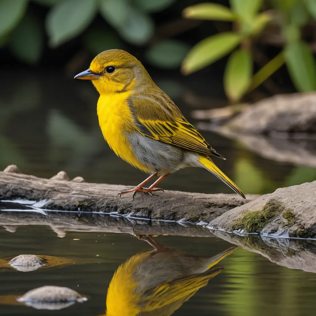 a yellow bird is standing on a branch in the water and looking at the camera with a reflection in the water, naturalism, a jigsaw puzzle, Christopher Williams, animal photography