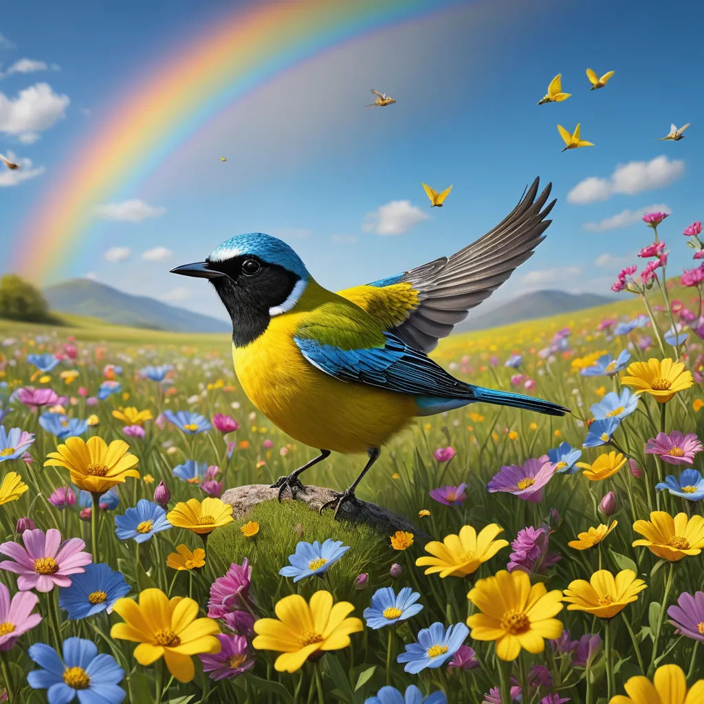 a bird is standing on a branch in a field of flowers and a rainbow in the background with a rainbow in the sky, magic realism, a photorealistic painting, David Martin, highly detailed digital painting