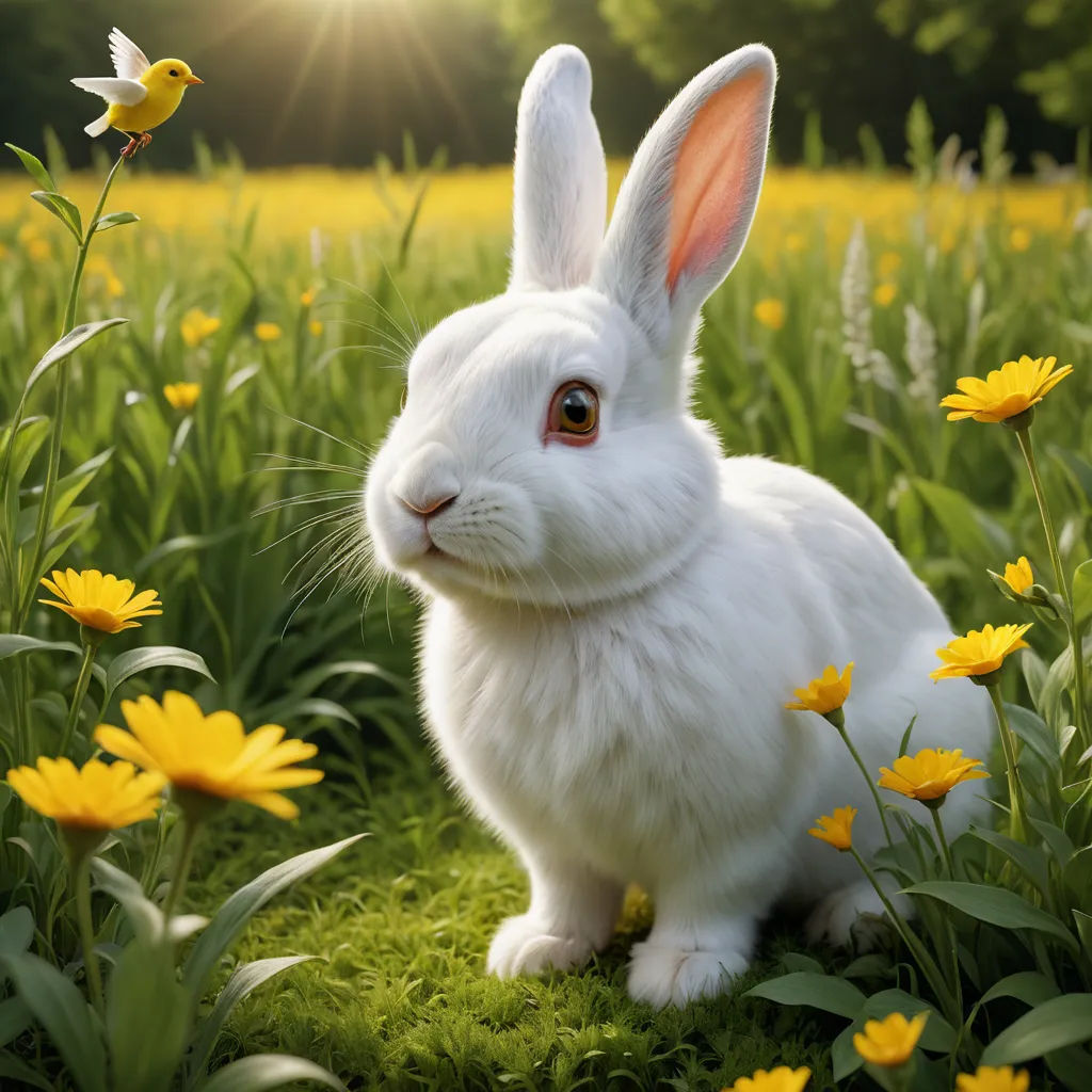 a white rabbit sitting in a field of yellow flowers and daisies with the sun shining behind it and a bird flying overhead, furry art, a stock photo, Beatrix Potter, animal photography