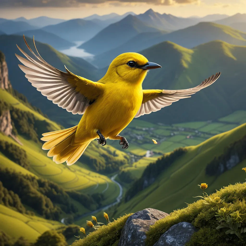 a yellow bird flying over a lush green hillside covered in grass and flowers with mountains in the background and a valley in the distance, naturalism, a digital painting, Chris LaBrooy, highly detailed digital painting