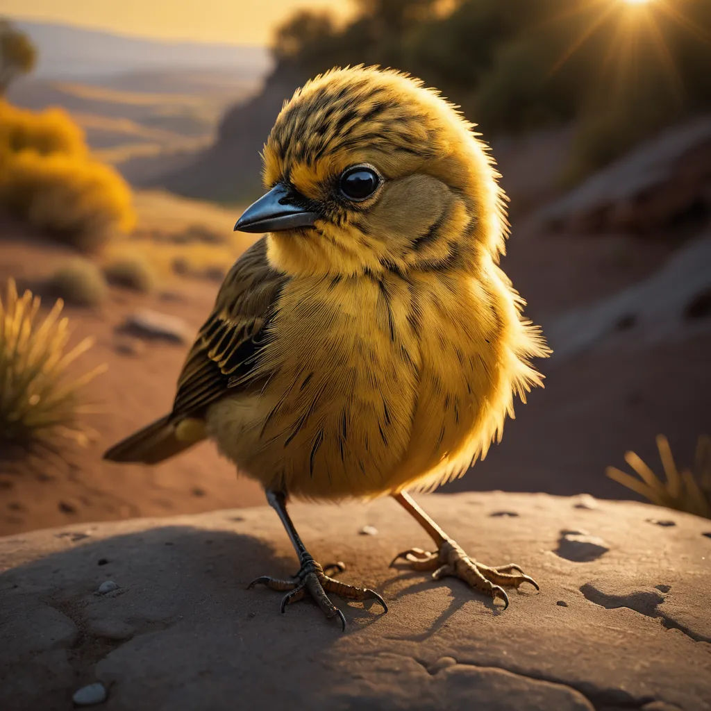 a small yellow bird standing on a rock in the desert at sunset or dawn with the sun shining on the ground, photorealism, a photorealistic painting, Chris LaBrooy, ultra realistic digital art