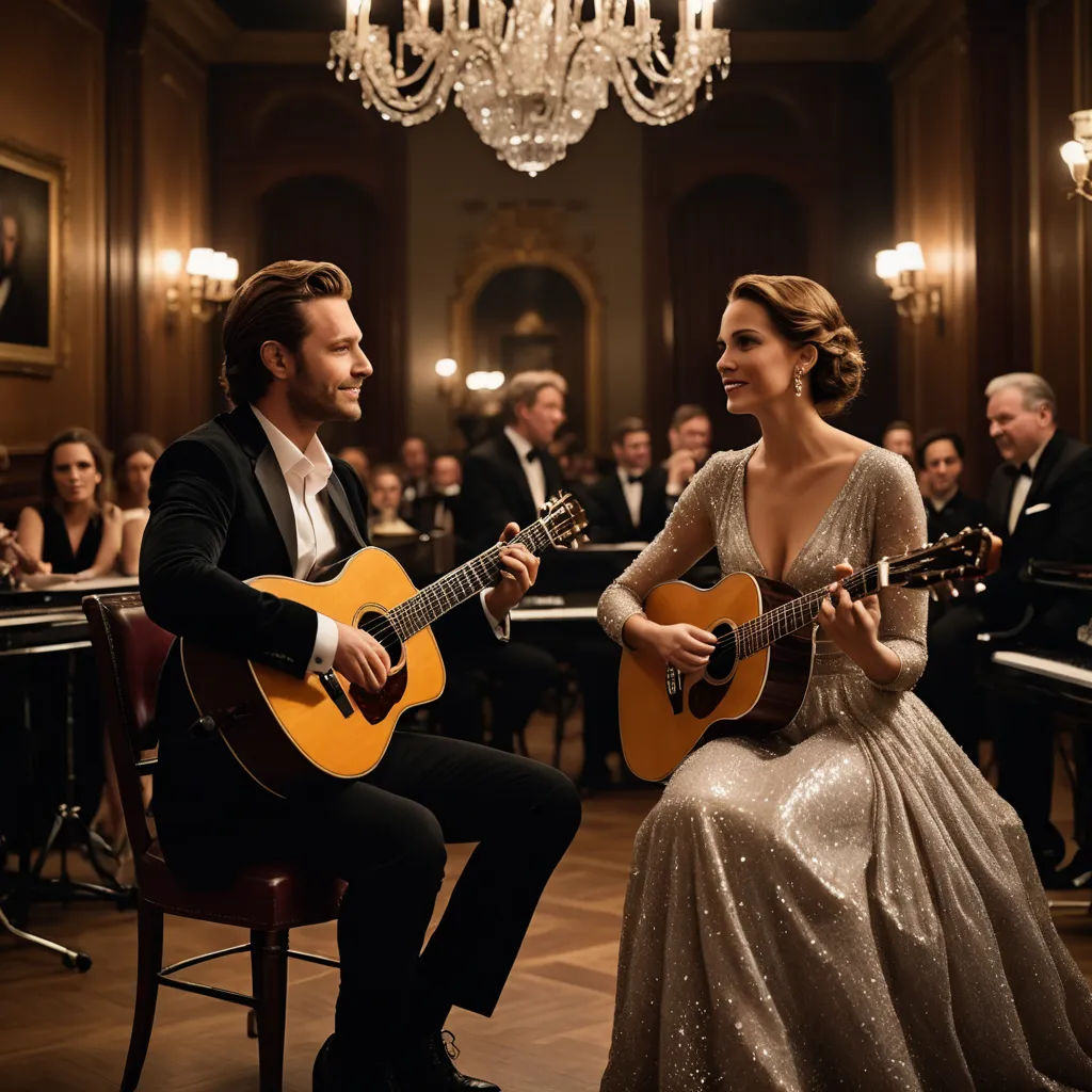 a man and woman playing guitars in a room full of people in formal wear and chandeliers,, german romanticism, a flemish Baroque, Florence Engelbach, promotional image