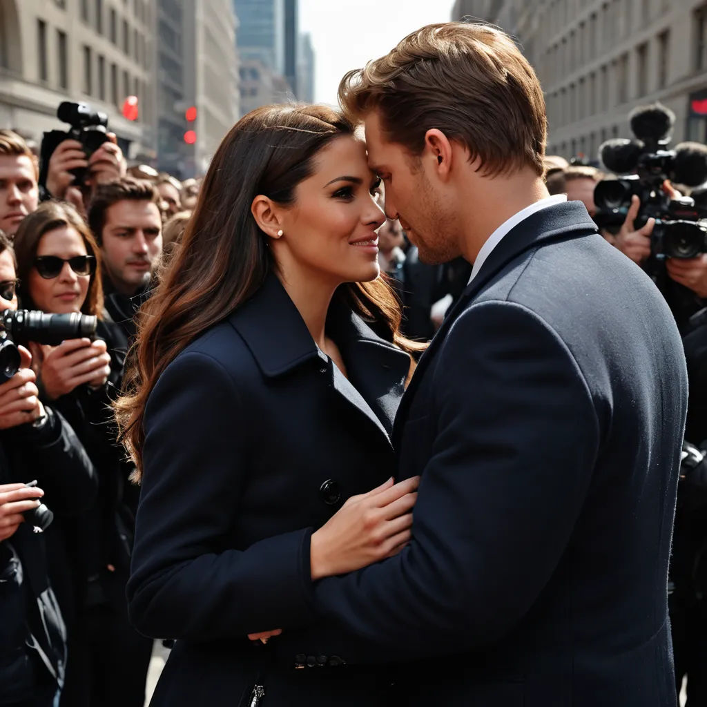 a man and woman are hugging in front of a crowd of people in a city street with cameras around them, american romanticism, a stock photo, Felix-Kelly, promotional image