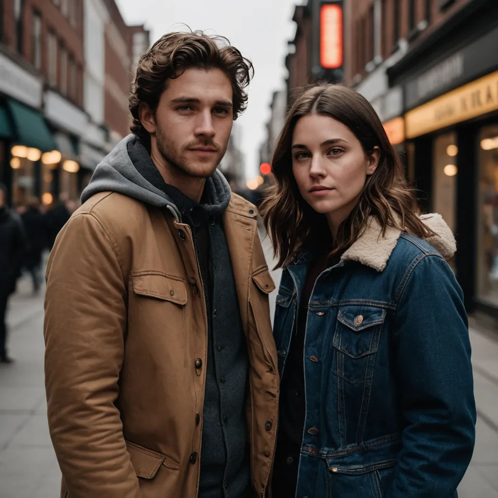 a man and a woman standing on a street corner together, both wearing jackets and jackets, one of them is wearing a hoodie, international gothic, a poster, Charlotte Harding, promotional image