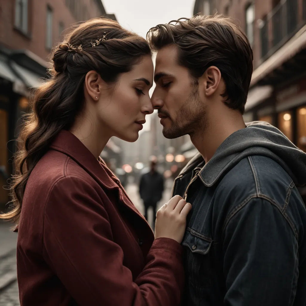 a man and a woman standing next to each other on a street corner with buildings in the background and a man holding his head, romanticism, a stock photo, Dave Melvin, promotional image