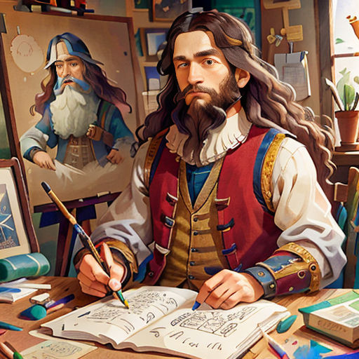 a man sitting at a desk with a book and pencil in his hand and a painting of a man in a pirate costume