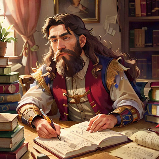 a man sitting at a desk with a book and pen in his hand and a lot of books on the desk
