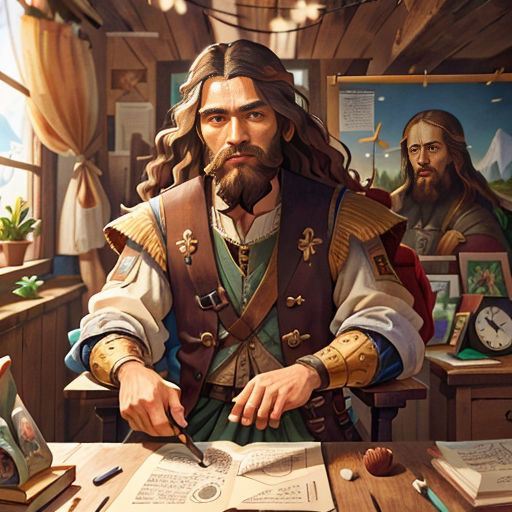 a man in a pirate costume is writing a book in a room with other items on the table and a clock
