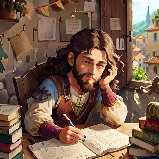 a man sitting at a desk with a book and pen in his hand and a book on the desk