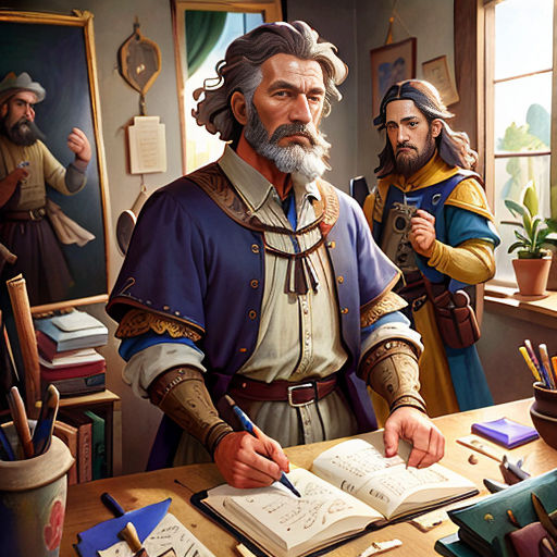 a painting of a man with a beard and a beard, standing in front of a desk with books and a pen