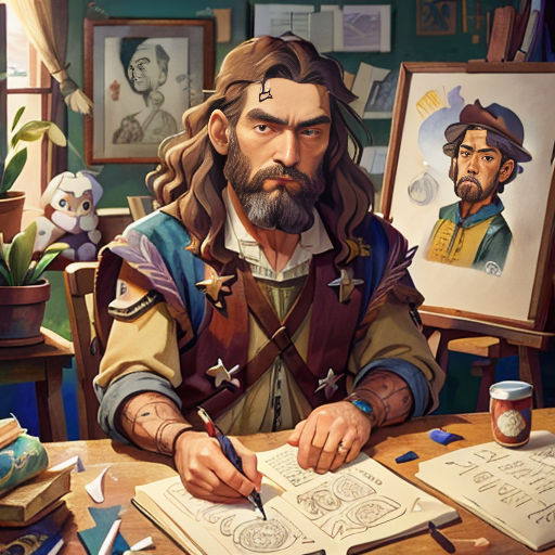 a man sitting at a table with a pen and paper in front of him and a picture of a man with a beard