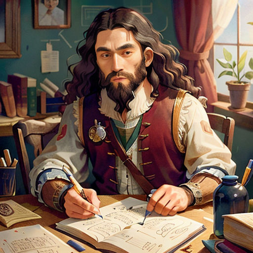 a man sitting at a desk with a book and pen in his hand and writing on a paper with a clock in the background