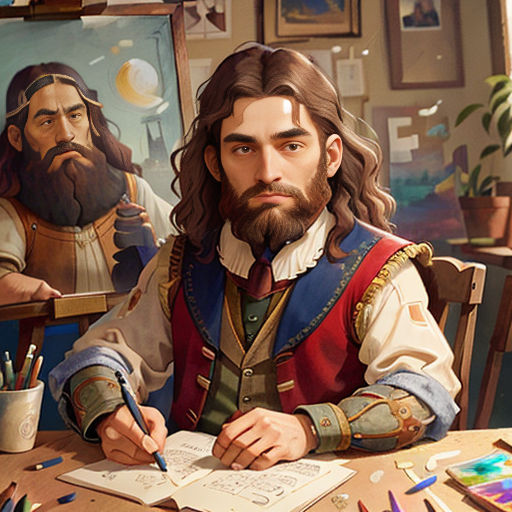 a man sitting at a table with a book and pencil in his hand and a painting of a man in the background