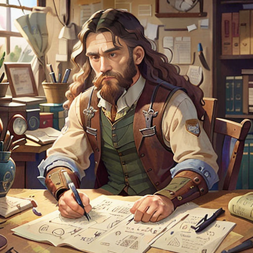 a man sitting at a desk with a pen and paper in his hand and a clock in the background