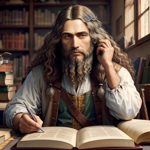 a man with long hair and beard sitting at a table with a book and pen in his hand and a book in front of him