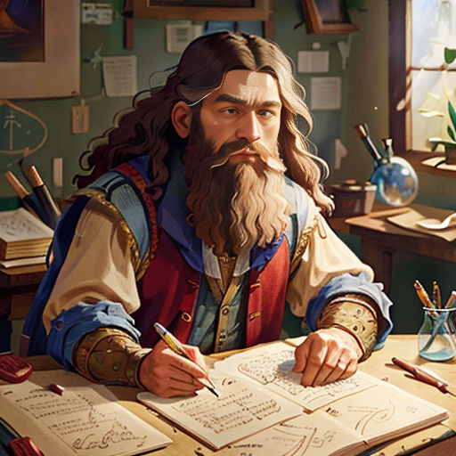 a man with long hair and beard sitting at a desk writing on a paper with a pencil in his hand