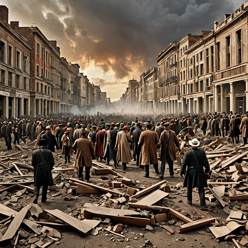 a group of people standing in a street surrounded by rubble and buildings with a sky filled with clouds above, berlin secession, a detailed matte painting, Artur Tarnowski, cinematic photography