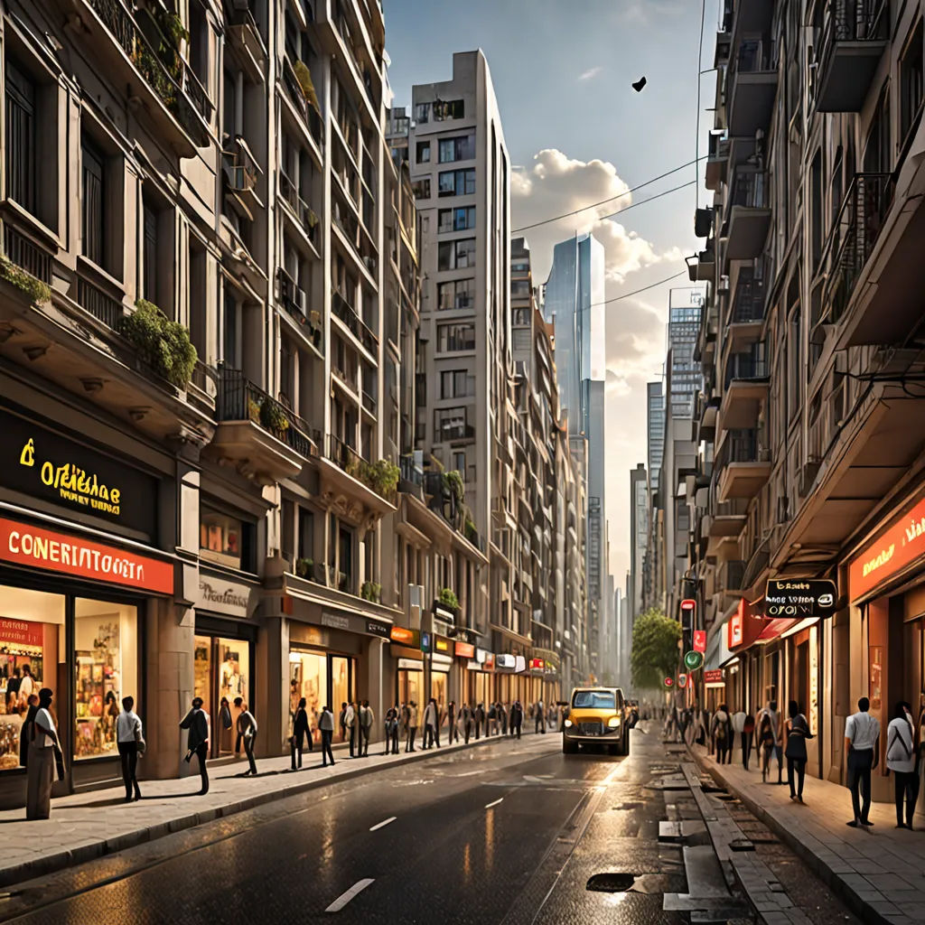a city street with people walking and cars driving down it, and a bus on the road in front of the buildings, photorealism, a digital rendering, Evgeny Lushpin, vray render