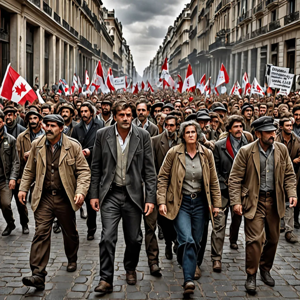 a large group of people walking down a street with flags on the street and buildings in the background,, les automatistes, a colorized photo, Bourgeois, vfx