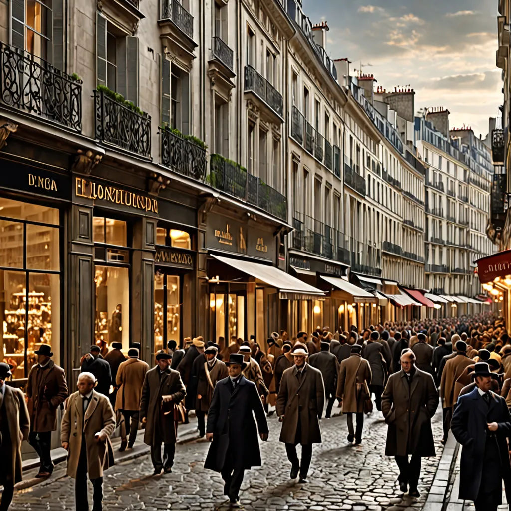 a group of people walking down a street next to tall buildings and shops on a cloudy day with a sky background, les automatistes, a detailed matte painting, Brassaï, award-winning photograph