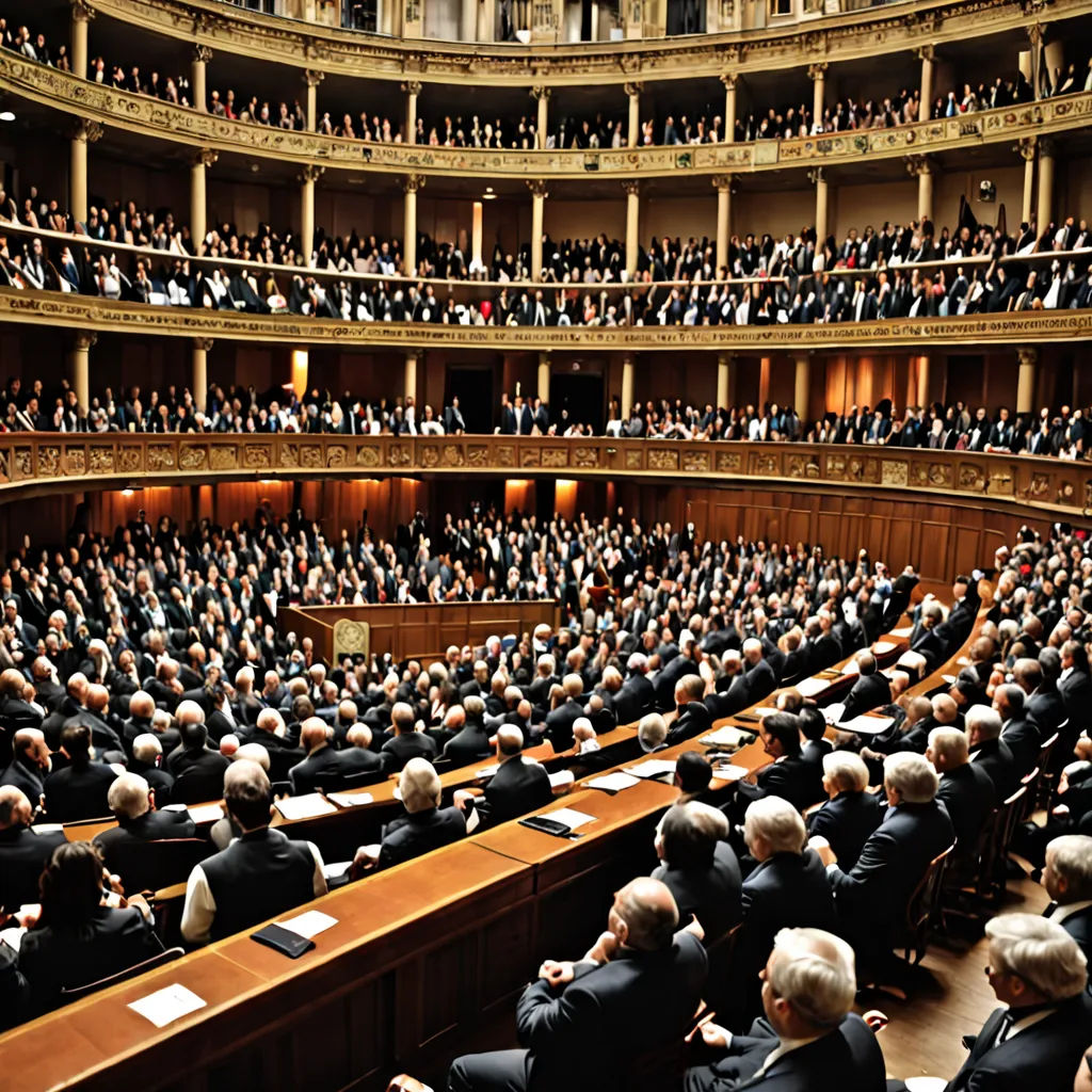 a large room filled with people sitting at tables and a speaker standing at the front of the room with his hands in his pockets, neoism, a microscopic photo, Bourgeois, renaissance oil painting