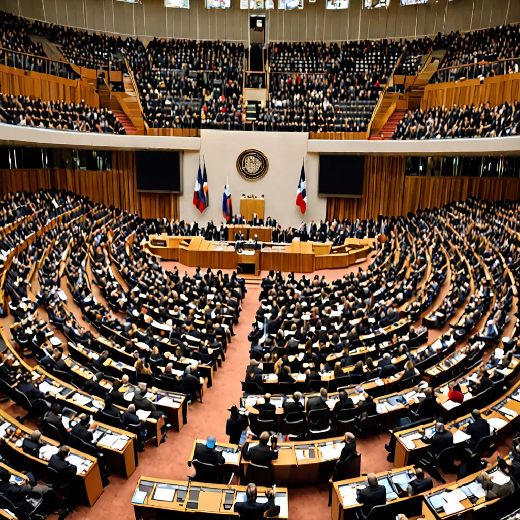 a large room filled with lots of people sitting at desks in front of a podium and a flag, neoism, a tilt shift photo, Bernd Fasching, ultra wide angle