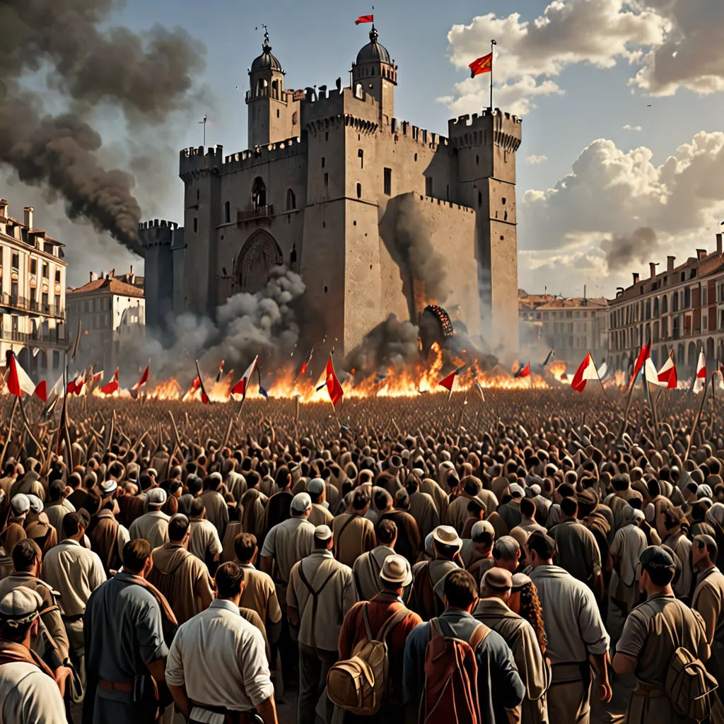 a large group of people standing in front of a castle with a fire in the middle of it and a crowd of people standing around, antipodeans, a detailed matte painting, Bastien Lecouffe-Deharme, cinematic matte painting